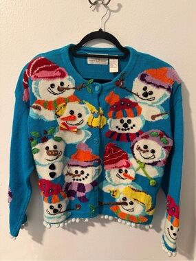 Vintage Jane’s Closet Snowman Christmas Hand Knit Sweater Cardigan Beaded Sz M